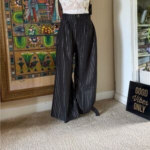 Wide Leg Pinstripe Pants - Black